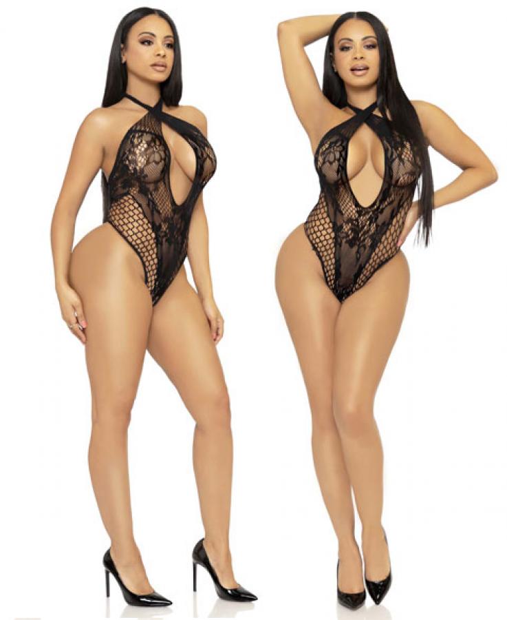 89313 Leg Avenue Exotic Lace and net crossover halter teddy