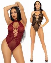 89307 Leg Avenue Net and lace keyhole halter bodysuit